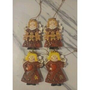 Vintage Ceramic Angel Tree Ornaments Set of 4 Rustic Country Cottage